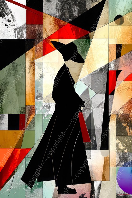 JJ-Art (Aluminium) 120x80 | Man met hoed en jas, kubisme, abstract, kunst | mens, ,bruin, groen, rood, grijs, modern | foto-schilderij op dibond, metaal wanddecoratie