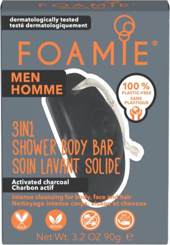 Foamie Men 3-in-1 douche-body bar, activated charcoal. Zwart, met touwtje. 100% plastic-vrij.