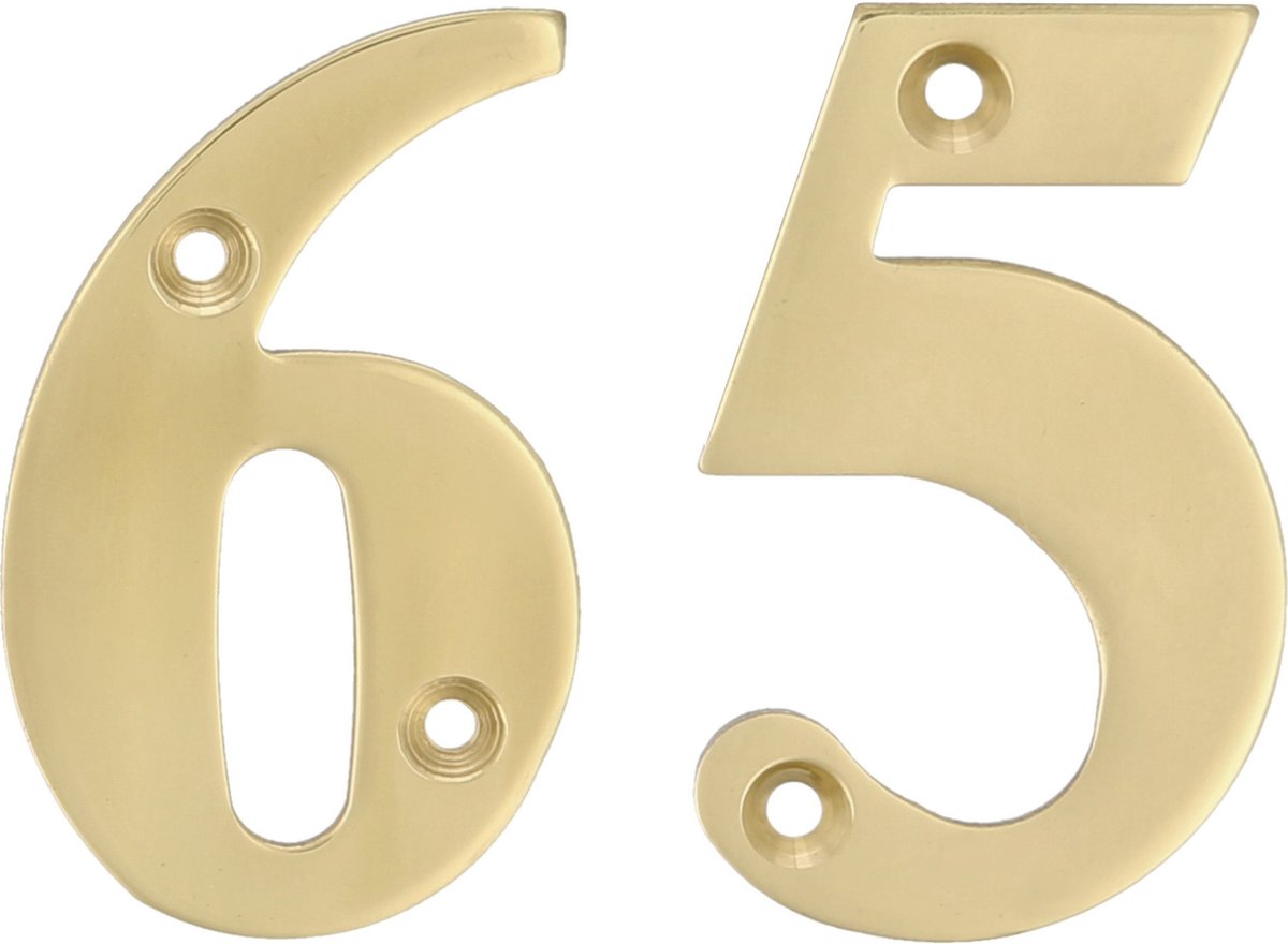 AMIG Huisnummer 65 - massief messing - 10cm - incl. bijpassende schroeven - gepolijst - goudkleur