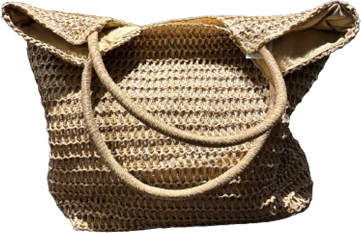 Boodschappentas - strandtas - rieten tas - nylon binnenafwerking met rits - modieus - trendy - bruin/cognac kleur