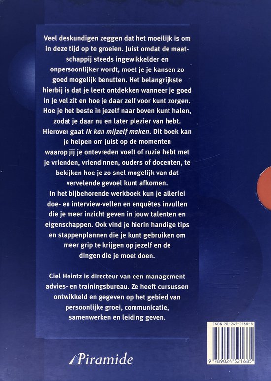 Achterkant van het boek "Ik kan mijzelf maken" met ISBN-streepjescode en uitgever Pyramide. Tekst over de inhoud en auteur Ciel Heintz.