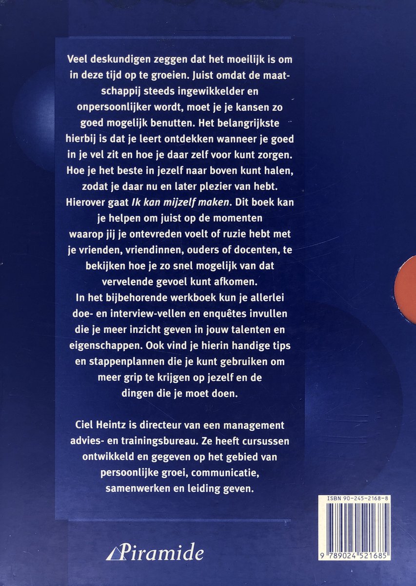 Achterkant van het boek "Ik kan mijzelf maken" met ISBN-streepjescode en uitgever Pyramide. Tekst over de inhoud en auteur Ciel Heintz.