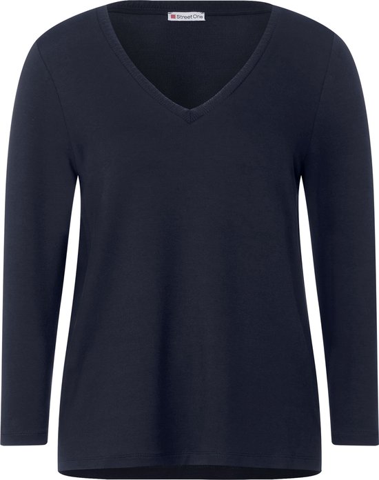 Street One basic shirt with knit look v-neck - Dames T-shirt - deep blue - Maat 44