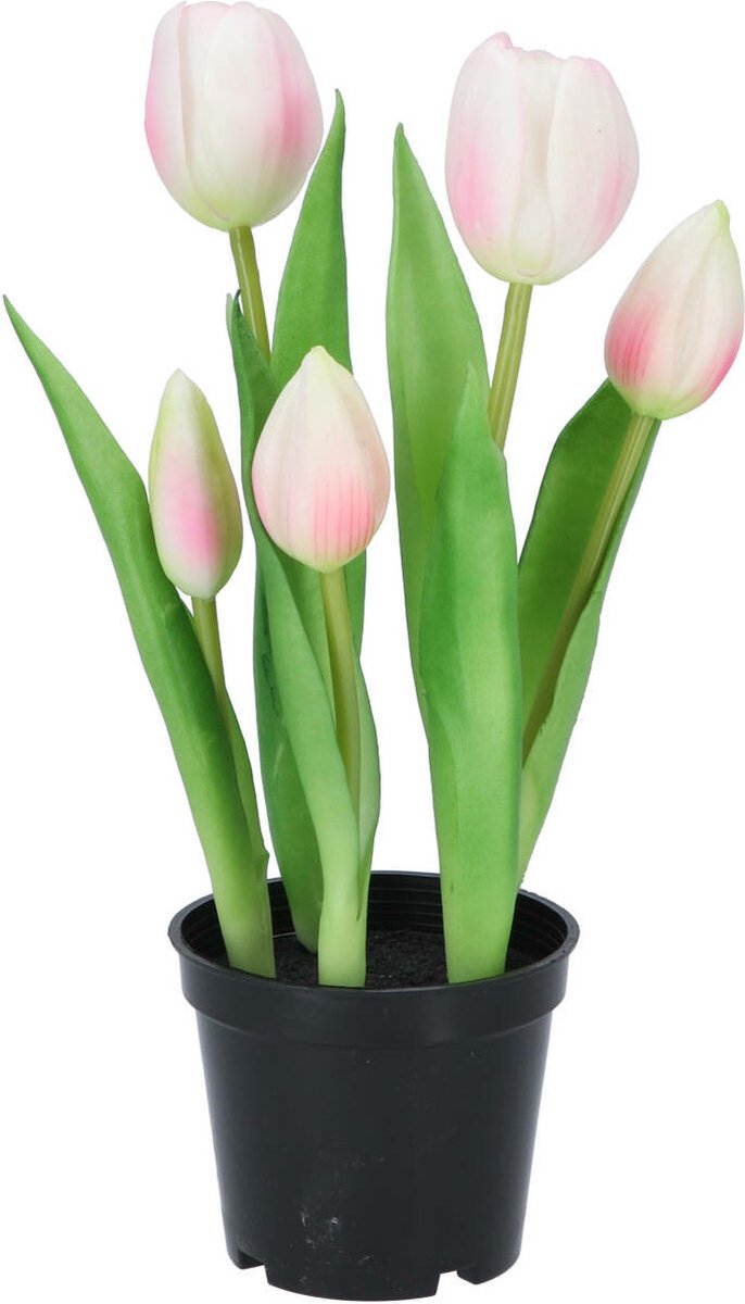DK design Kunst tulpen Holland in pot - 5x stuks - lichtroze - real touch - 26 cm - levensechte kunstbloemen