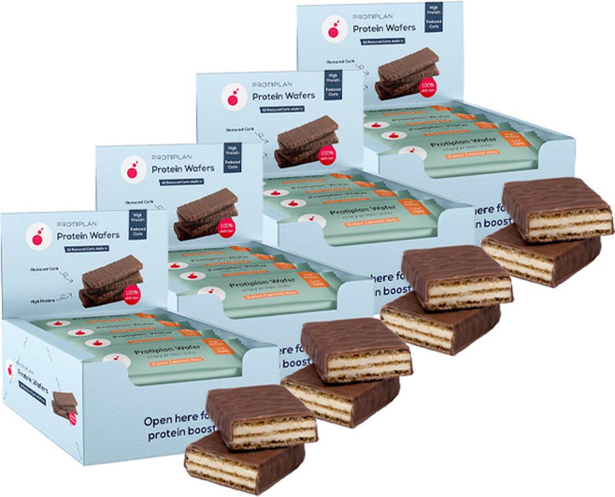 Goedkoopste Protiplan | Crispy Protein Wafer | Salted Caramel Nuts | 48 stuks | 48 x 35 gram | Low carb snack | Eiwitrepen | Koolhydraatarme sportvoeding | Afslanken met Proteïne repen | Snel afvallen zonder hongergevoel!