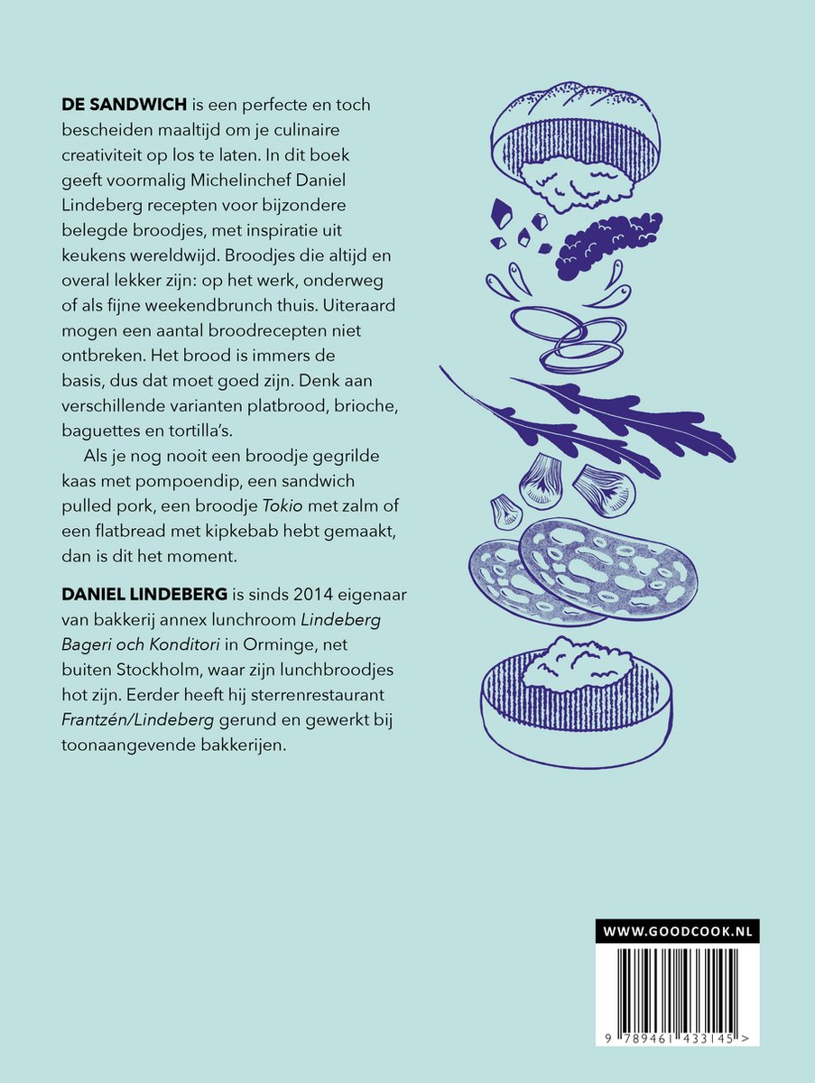 Illustratie van een broodje, salami, kaas en rucola op een lichtblauwe achtergrond.