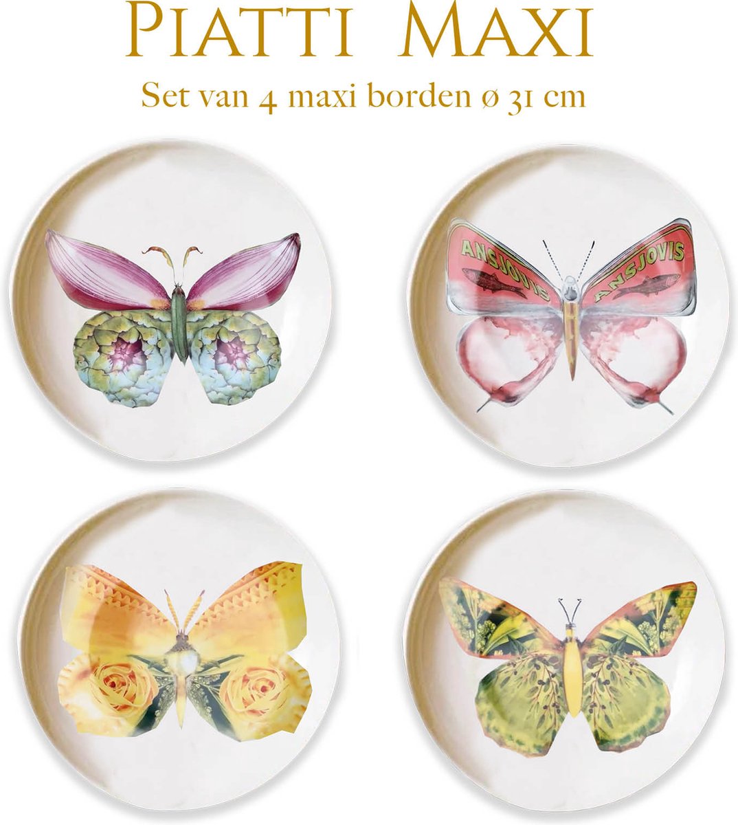 Bordy's - Dinerborden ⌀31cm (set van 4) - Dinerborden - vlinders - porselein - La dolce vita di una farfalla - dinerbord vlinder - borden met ene verhaal