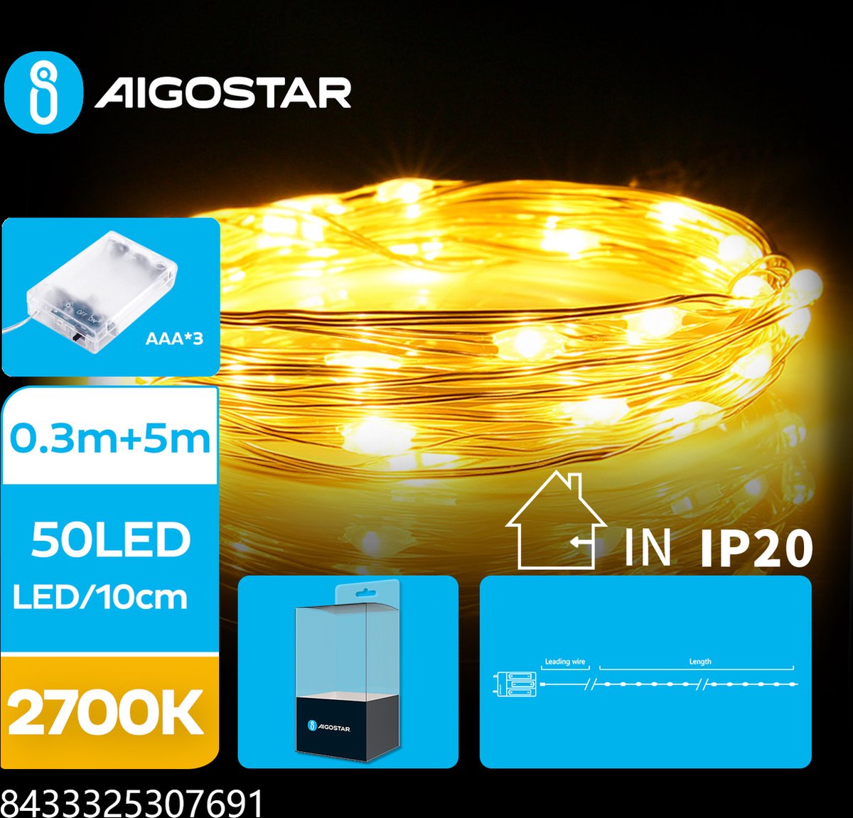 Aigostar - LED Kerstslinger - 50 LEDS - Koperdraad - 2700K - 5 meter - IP44 - 3x AAA batterij
