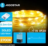 Aigostar - Guirlande de Noël LED - 50 LEDS - Fil de cuivre - 2700K - 5 mètres - IP44 - 3x pile AAA