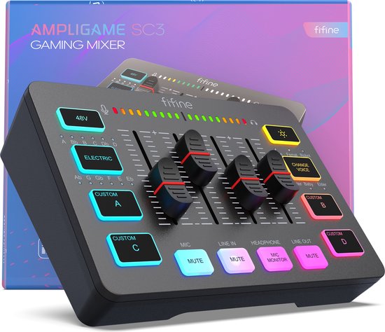 Fifine AMPLIGAME SC3 Gaming Mixer met doos, gedetailleerde knoppen en faders.