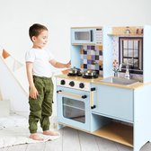 Play Kitchen Blauw Clair - DeQube - Cuisine en bois pour Enfants - Deux modules - Avec lumière et son - Cuisine pour enfants avec Accessoires de vêtements pour bébé