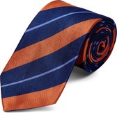 Trendhim Marineblauwe zijden stropdas met oranje en pastelblauwe strepen voor heren - 8 cm
