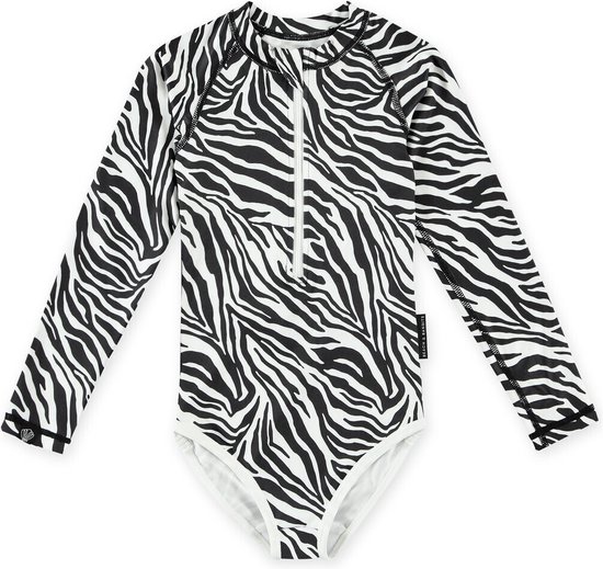 Beach & Bandits - Maillot de bain anti-UV pour fille - Manches longues - UPF50+ - Poisson Zebra - Zwart/ Wit - taille 140-146cm