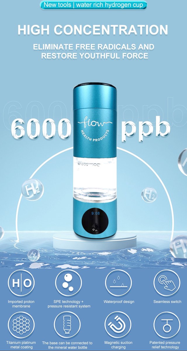 H2 Flow extreem blauwe waterstof fles die in 10 minuten 6000 ppb waterstof