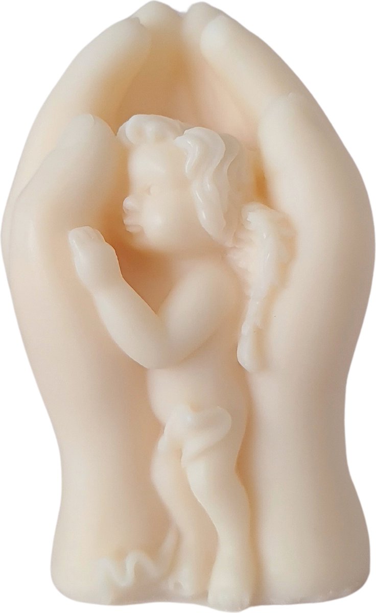 Figuurkaars-Kindje/Engeltje in beschermende handen-Decoratieve kaars van koolzaadwas