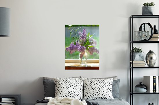 Sticker Muursticker Lilas - Vase en Verres avec lilas - 60x80 cm - film adhésif autocollant - sticker mural repositionnable