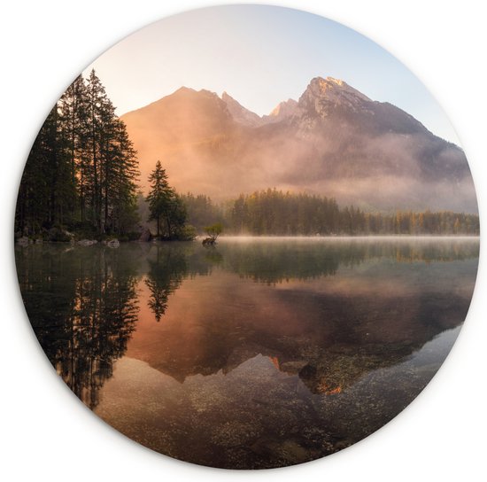 WallCircle® Wandcirkel 140x140 cm - Muurcirkel Landschap - Mist - Water - Bomen - Natuur - Planten - Muurdecoratie woonkamer - Wanddecoratie slaapkamer - Kamer decoratie accessoires - Ronde schilderijen - Woonaccessoires cirkel binnen