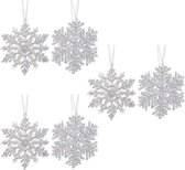 6x Kersthangers figuurtjes zilveren sneeuwvlok/ster 12 cm glitter - Sneeuw thema kerstboomhangers - Kerstboomversieringen koper