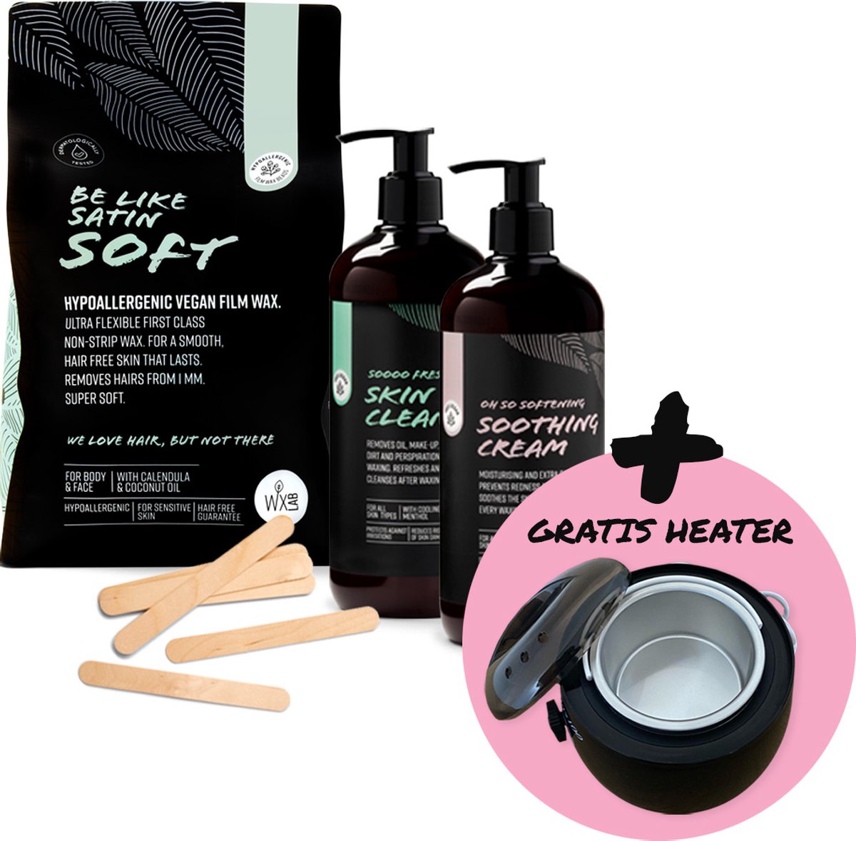 WXLab ontharingswax pakket, Wax-Kit BROW met GRATIS wax heater t.w.v. €29,50 (zwart), 800gr Bio based Film wax korrels, huidreiniger, Soothing Cream en 100 houten wax spatels