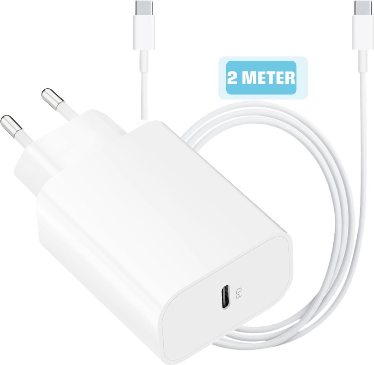 20W USB C Power Oplader met USB C naar C Kabel - 2 Meter - Snellader - USBC Lader - Wit