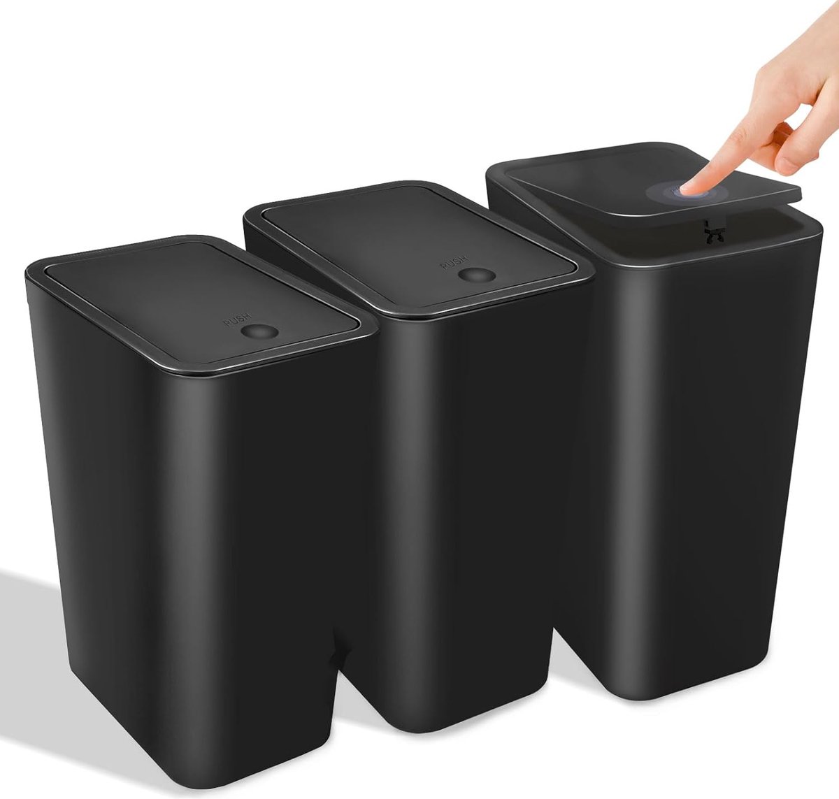 Goedkoopste Set van 3 vuilnisemmers voor badkamer met deksel, 10 l, moderne afvalemmer voor slaapkamer, keuken, kantoor, toilet (zwart