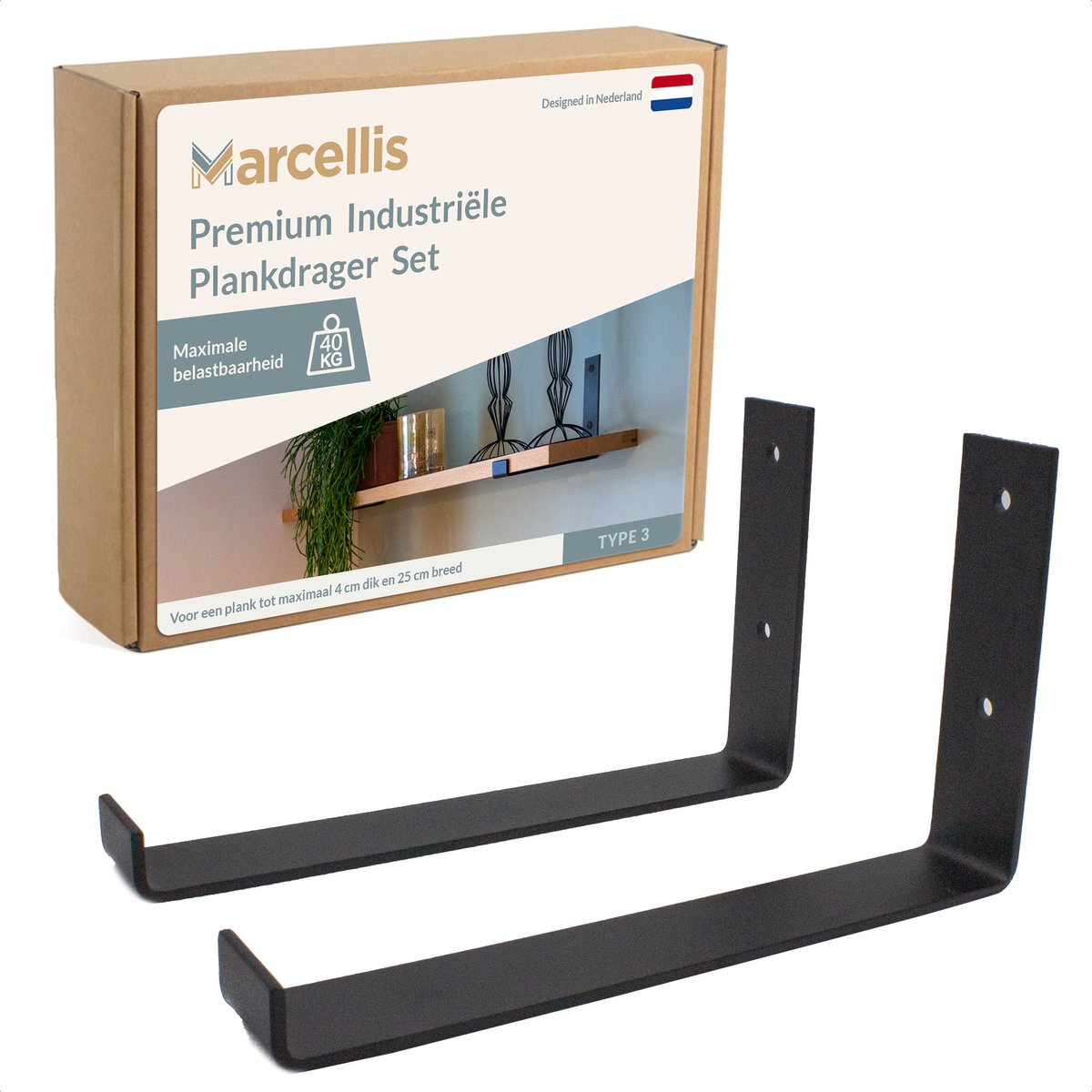 Marcellis - 2x Industriële plankdrager - Voor plank 25cm + schroefset - mat zwart - staal - T4