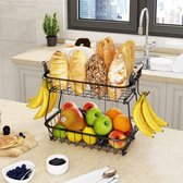 2-laags fruitmand met 2 bananenhangers, aanrecht fruit groentemand kom voor keuken teller metalen draad opslagmand fruit standhouder organizer voor brood snack groenten producten, zwart