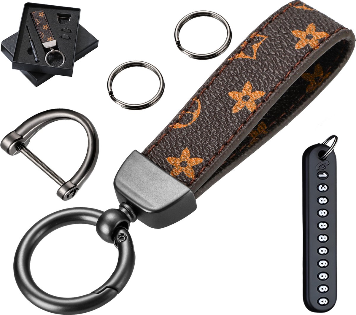 Luxe Leren & Metaal Sleutelhanger voor Volwassenen - Auto Sleutelhouder - Keychain met Karabijnhaak, Musketonhaak en Sleutelringen - Autosleutel voor Vrouwen, Mannen, Dames - Karabijnsluiting Sleutel hanger - Auto Accessoires -In Cadeau/Geschenk Doos