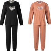 2 Dames pyjama's lunatex interlock 124198 extra dik/warm, in zwart en roest maat XXL