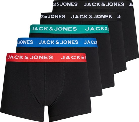 Vijf zwarte boxershorts met gekleurde taillebanden: rood, blauw, groen en wit.