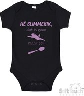 100% katoenen Romper "He slimmerik, dat is geen vliegtuig maar een lepel" Meisjes Katoen Zwart/lila Maat 56/62