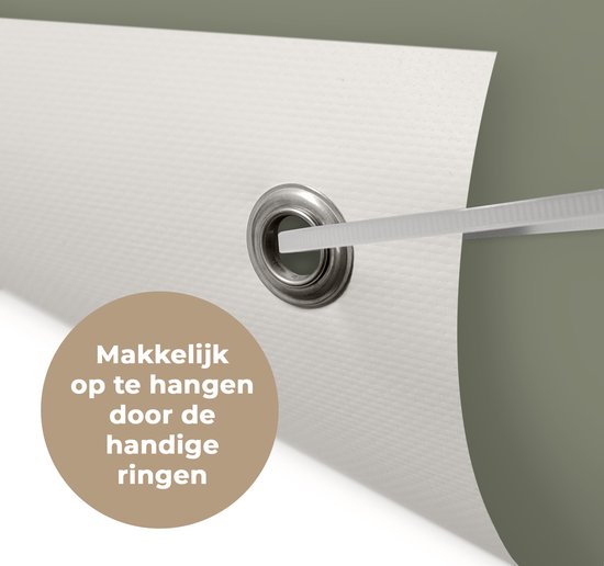 Close-up van een oogje en de textuur van een tuinposter met een witte achterkant en een grijze voorkant.
