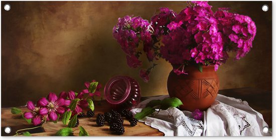 Tuinposter Rustiek - Bloemen - Roze - Vaas - Stilleven - 80x40 cm - Wanddecoratie Buiten - Tuinposter - Tuindoek - Schuttingposter - Tuinschilderij