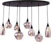 mbc-living - 8B - hanglamp 8 lichts - mix smoke glas - bulbs - spiegel glas - op ovalen plaat - 120cm x 30cm - mat zwart