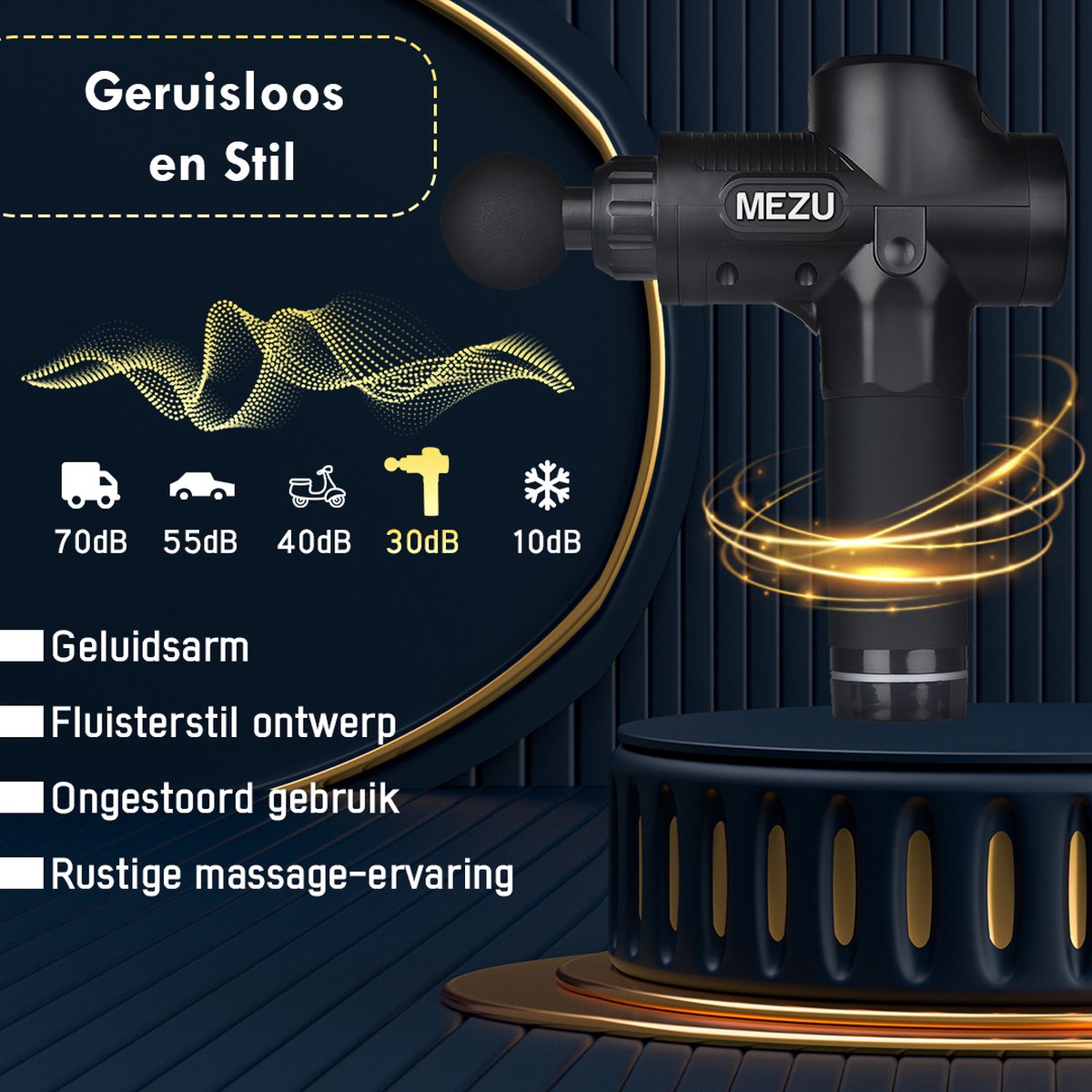 Afbeelding 2 van MEZU Massage Gun - 6 Opzetstukken - 30 standen - Spiermassage - Sport en Ontspanning - Massage apparaat - Massage pistool - Professioneel - Draadloos - Zwart