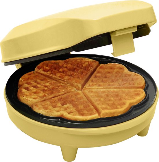 Foto: Bestron wafelijzer voor klassieke hartwafels wafelmaker voor wafels in hartvorm met indicatielampje antiaanbaklaag retro design 700 watt kleur geel