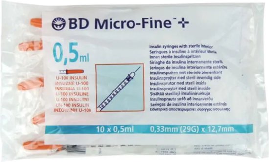 BD Microfine+ Insulinespuit 0,5ml met naald 0,33mm x 12,7 mm- 10 stuks - injectiespuit met naald