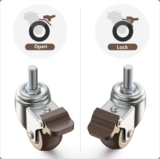 Roues de meubles M8, roues pour M8, roues M8, 2 roues sans frein + 2 roues avec frein, roues lourdes M8, roues pivotantes avec filetage M8, lot de 4