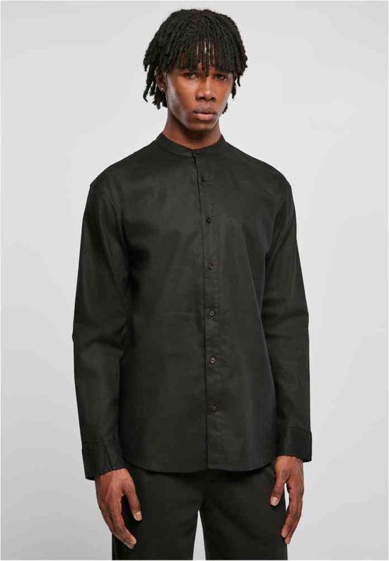 Urban Classics - Cotton Linen Stand Up Collar Overhemd - S - Zwart