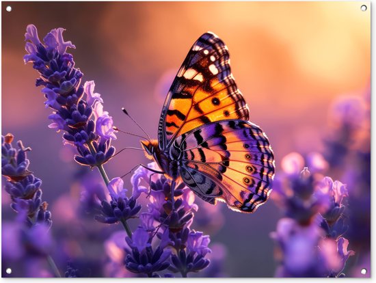 Tuinposter vlinder - Tuindecoratie lavendel paars - 120x90 cm - Bloemen poster voor in de tuin - Buiten decoratie vlinders - Schutting tuinschilderij - Tuindoek muurdecoratie - Wanddecoratie balkondoek