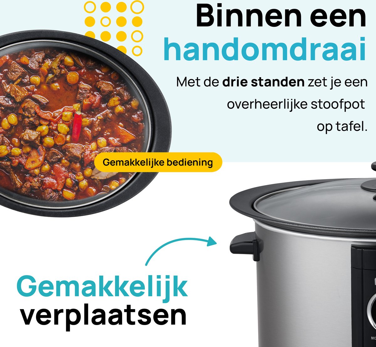MOA 6,5L Slowcooker met Timer - 3 Warmtestanden - Ø 24,5cm - BPA-vrij - Aluminium Binnenpan - Doorzichtige Deksel - Vaatwasserbestendig - RVS – foto 5