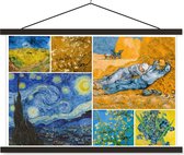 Posterhanger incl. Poster 90x60 cm - Schoolplaat - Van Gogh - Sterrennacht - Collage - Textielposter - Zwarte latten