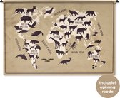 Wandkleed WereldkaartenKerst illustraties - Wereldkaart op bruine achtergrond met namen van continenten en oceanen en illustraties van dieren Wandkleed katoen 180x120 cm - Wandtapijt met foto