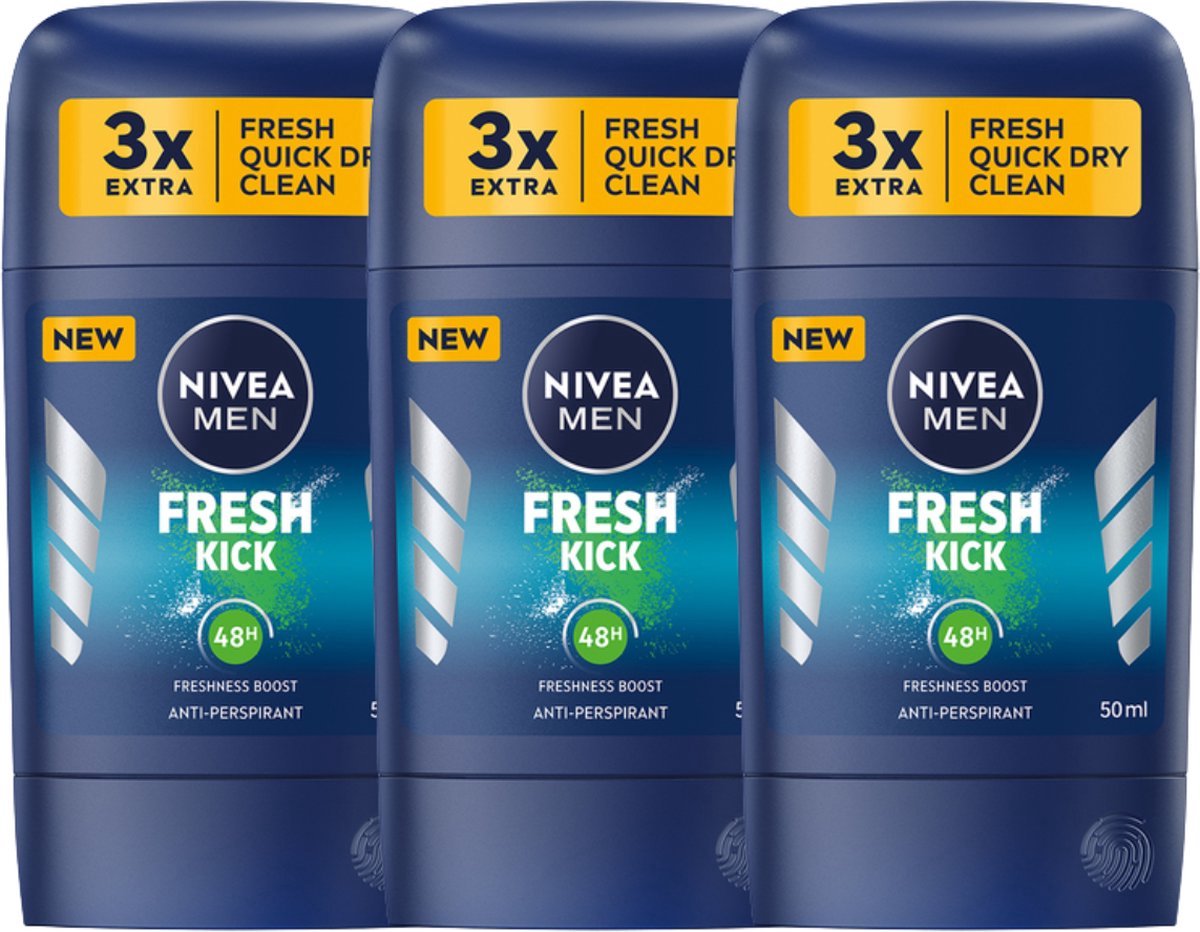 Goedkoopste Nivea Men Fresh Kick Deodorant - 3x50 ml - Freshness Boost met Cactuswater - Nivea Deodorants - Deodorant Man Voordeelverpakking