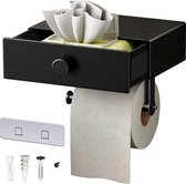 Toiletpapierhouder met houder voor vochtige doekjes, zonder boren, wc-papierhouder met legplank, wc-rolhouder met opberg-wandhouder (zwart)