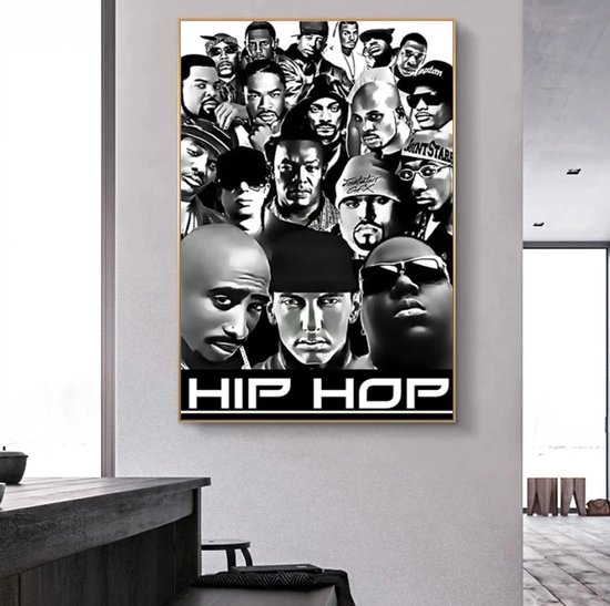 Allernieuwste.nl® Canvas Schilderij Zwart/Wit Hip Hop Legends 2PAC, Dr Dre, Snoop Dogg, Emenim, Biggie, Tupac, Ice Cube - Muziek old school - Poster - 70 x 100 cm - Zwart/Wit