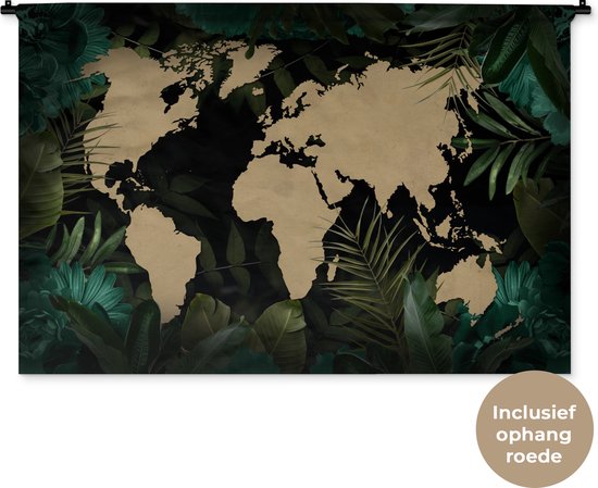 Wandkleed WereldkaartenKerst illustraties - Zandkleurige wereldkaart op zwarte achtergrond met tropische bladeren en blauwe bloemen Wandkleed katoen 120x80 cm - Wandtapijt met foto
