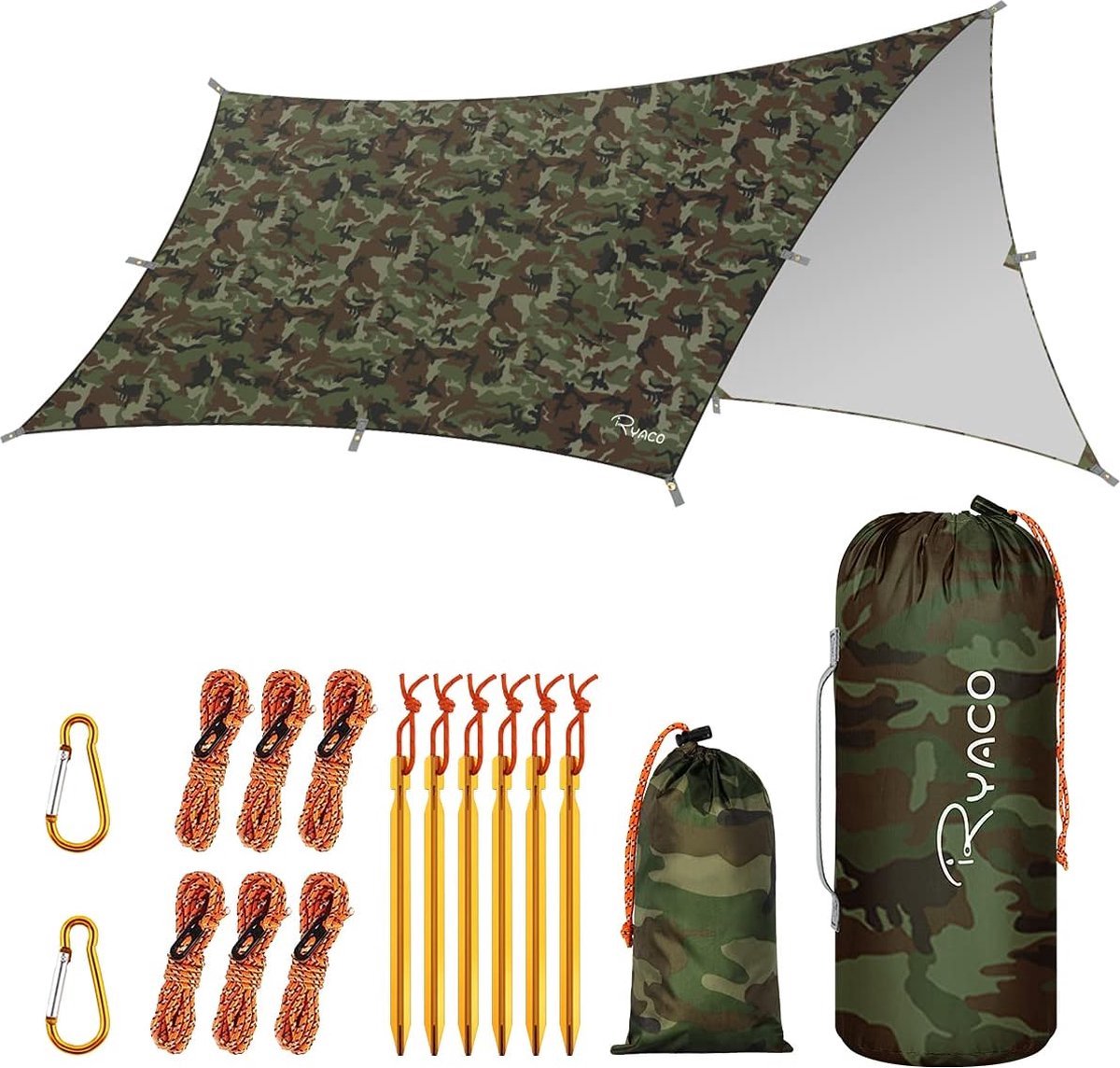 Ryaco Outdoor Tentzeil - Campingzeil - Zonnescherm met Opbergtas - Waterdicht - UV-Bestendig - Tarps voor kamperen - 3-4 Personen - 290 x 350 cm - Camouflage - Ryaco