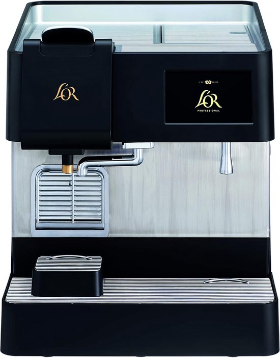 L'OR Professional koffiezetapparaat met een zwart en zilverkleurig design.