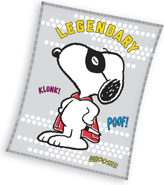 Grijs plaid met Snoopy als superheld, met de tekst "LEGENDARY", "KLUNK!", "POOF!" en "WHOOSH!!".